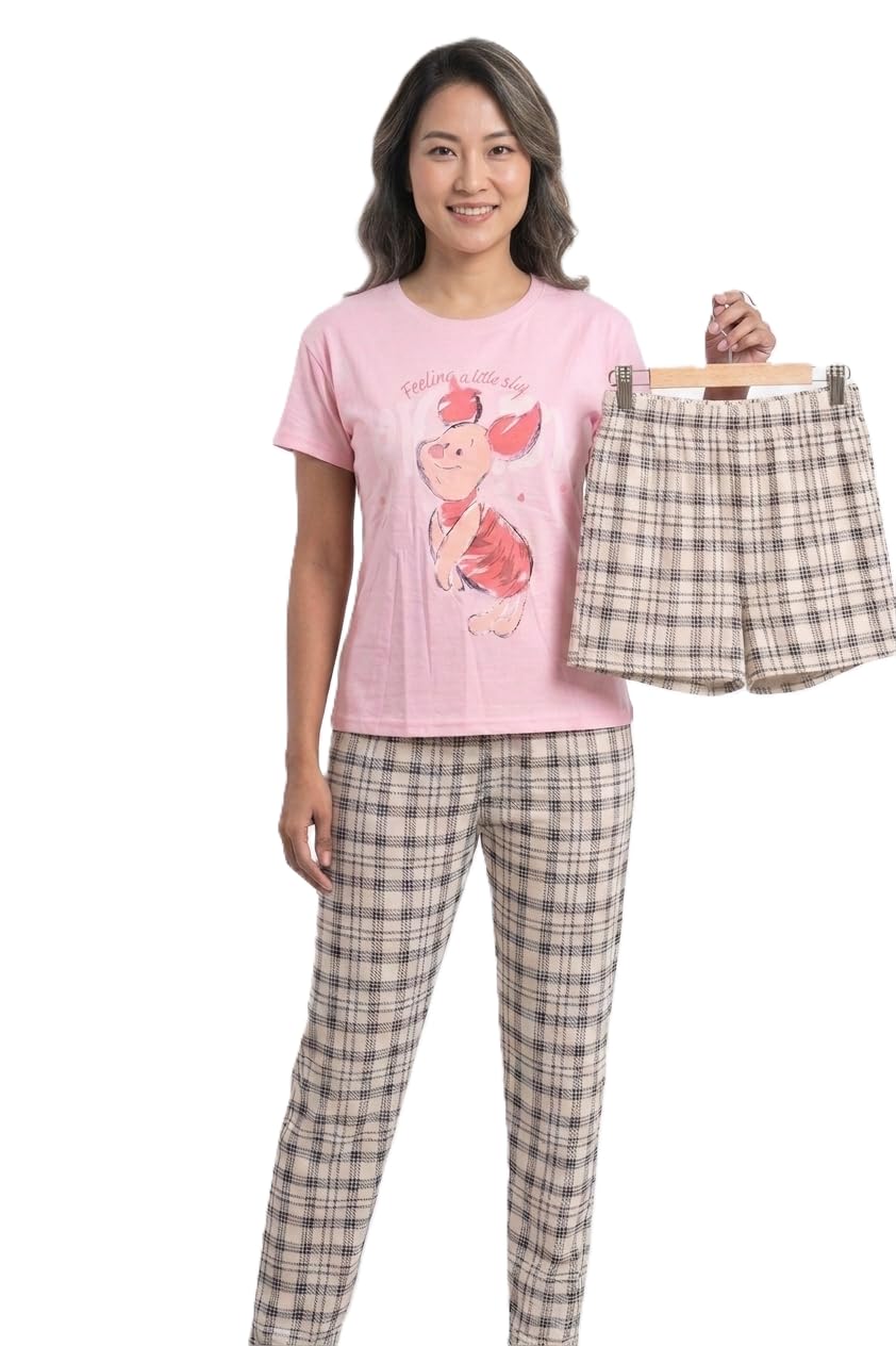 Women's Piglet Graphic Night Suit, Pink Short Sleeve Top with Plaid Pants and Shorts Set-image-25