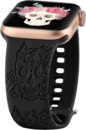 Skull Engraved Design Sport Bands Compatible with Apple Watch iWatch Bands 40mm 38mm 41mm, Flower Pattern Laser Printed Soft Silicone Strap for iWatch Series 10-1 & SE
