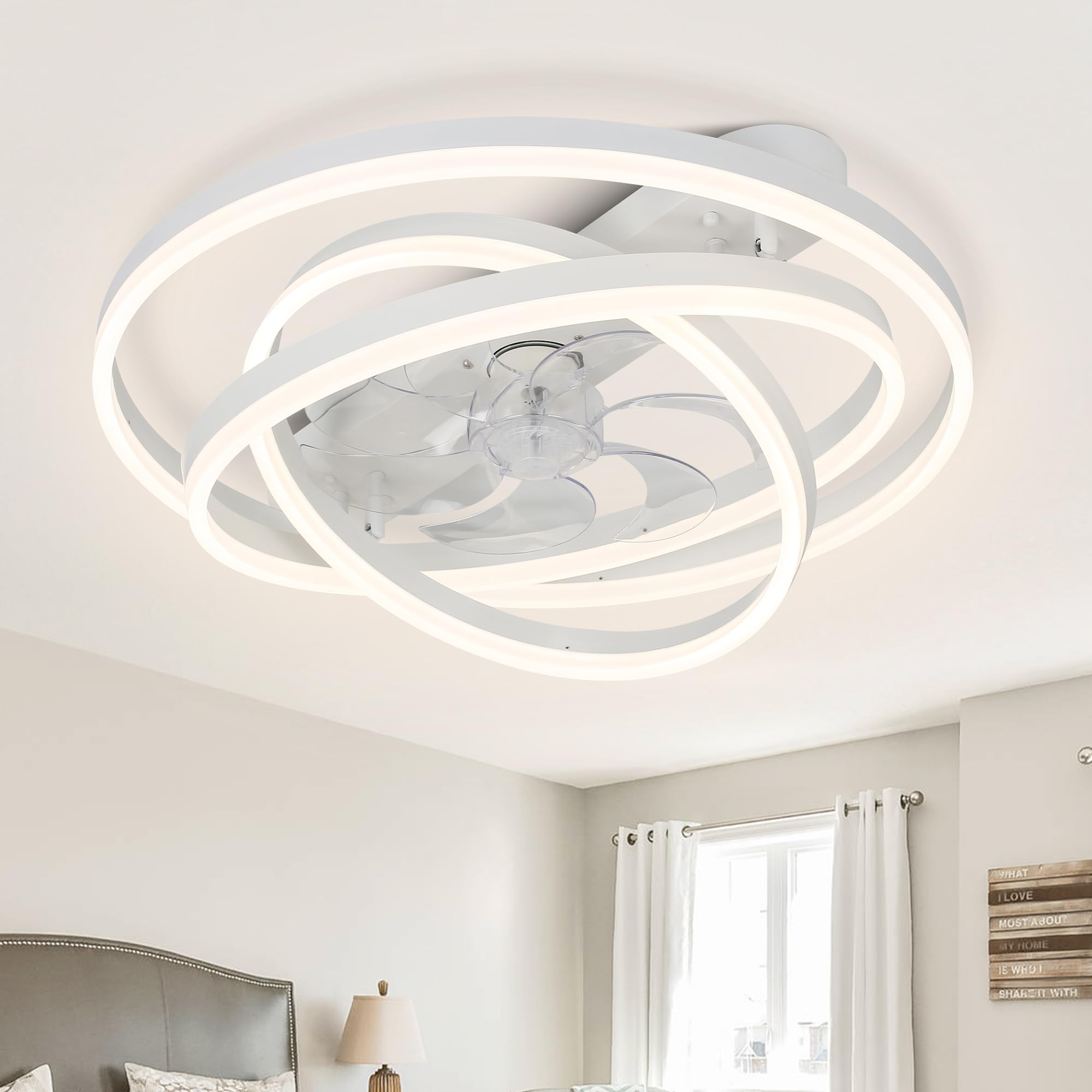 Ceiling Fans with Lights, Low Profile Ceiling Fan with Light, White 24" Ceiling Fans with Lights Flush Mount, Modern Ceiling Fans with Lights for Bedroom