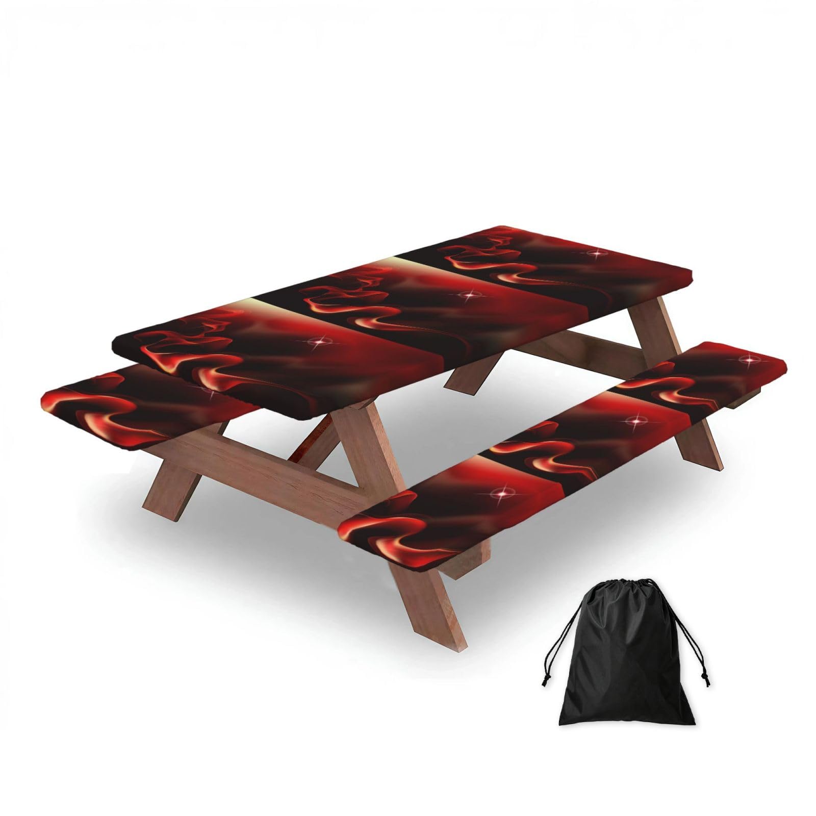 Dopklna As Picture Red Flame Printed, Picnic Table Cover With Bench Covers -Waterproof Elastic Fitted Tablecloth For Garden Camping Patio 76X152cm