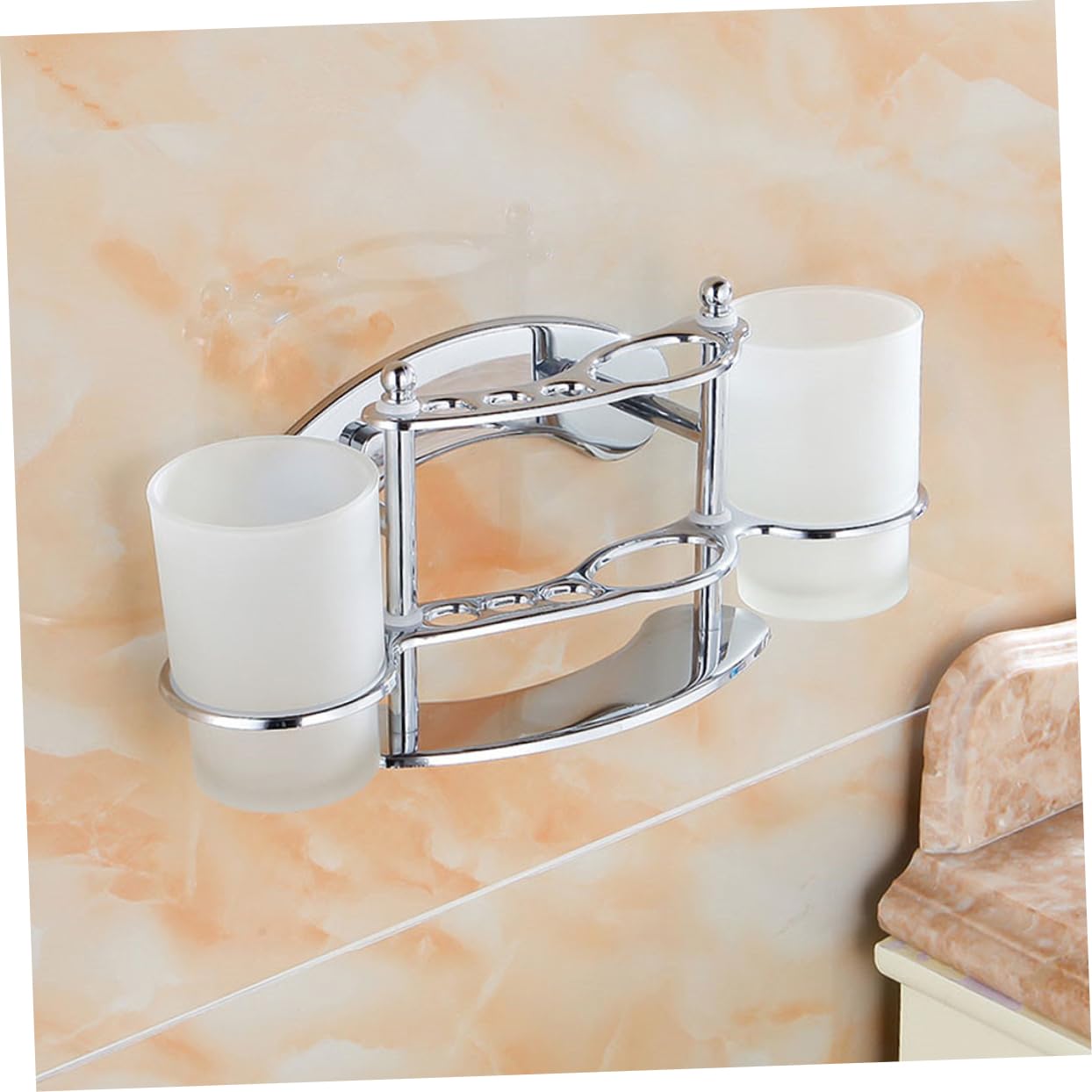 LIFKOME Portacepillos de Dientes en Color Plata de Acero Inoxidable Vaso de Vidrio para Baño Soporte Doble para Cepillos y Pasta