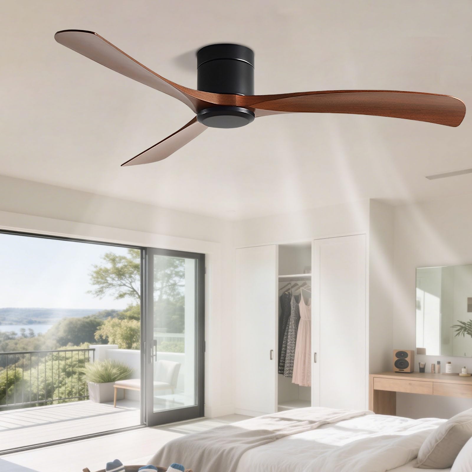 IBalody Flush Mount Ceiling Fan No Light Modern Quiet 56in Ceiling Fans with Remote Control 6 Speeds Low Profile Ceiling Fan Without Light 3 Blades for Bedroom Living Room Restaurant Patio Indoor