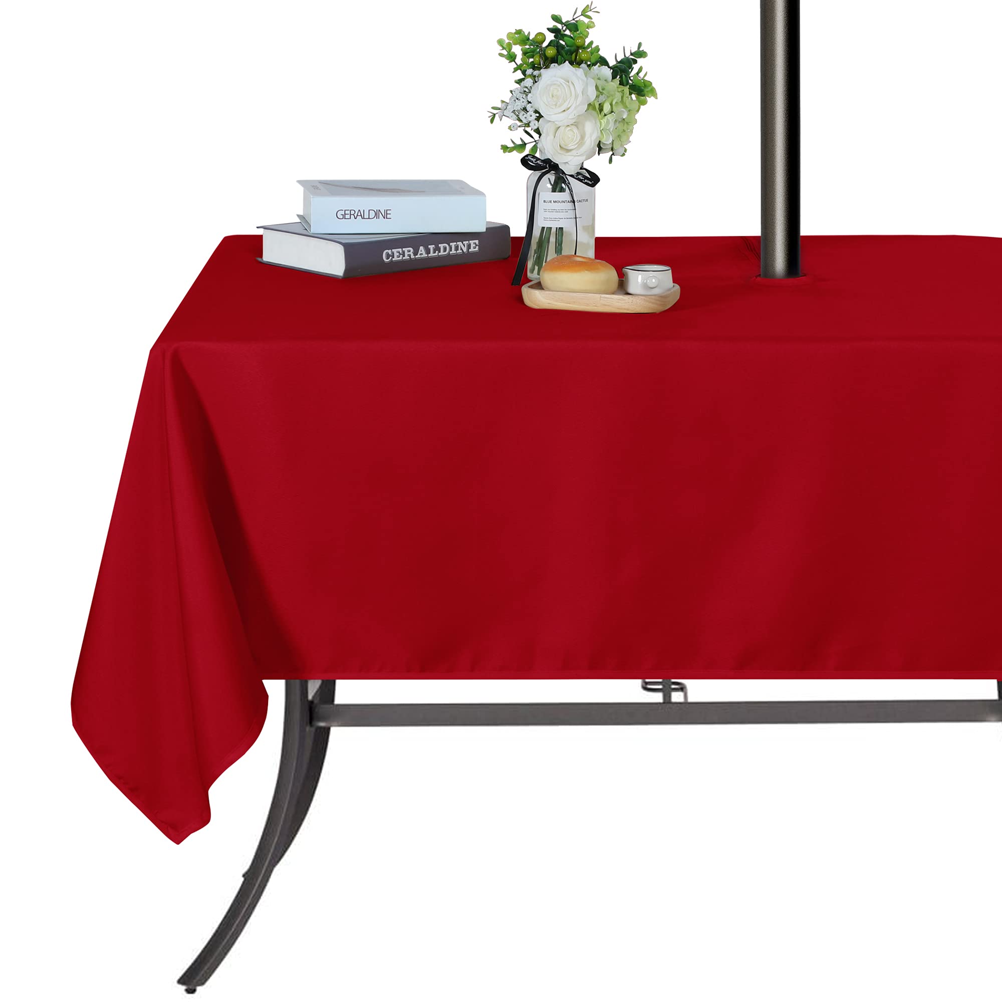 SARAFLORA Outdoor and Indoor Tablecloth -60x120 inch Red, Wrinkle Free Washable Waterproof Table Cloth with Umbrella Hole and Zipper Rectangle Table Cover for Spring/Summer/Patio/Picnic/BBQS/Party