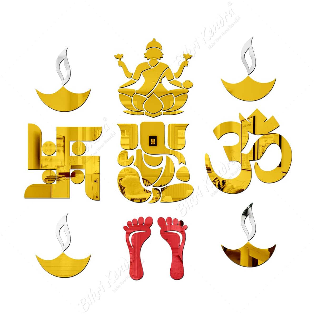 Chote Mote Seller - laxmi Ganesha om swastik Diya charan paduka Golden (pack of 2) Mirror Stickers for Wall, Acrylic Mirror Acrylic Stickers, Wall Stickers for Hall Room, Bedroom. (B0D79CJMD9) Amazon Price History, Amazon Price Tracker