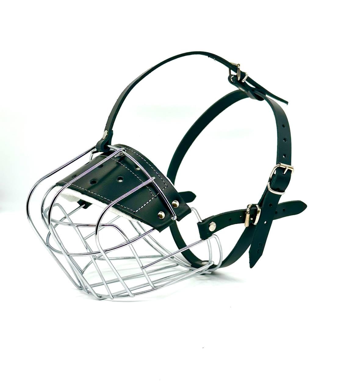 STRONG Wire Metal muzzle Basket Dog Muzzle Rottweiler,Mastiff Golden Retriever & other (R4, Silver/Black Leather)
