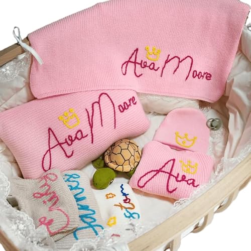 Personalized Baby Blanket – Custom Embroidered with Name, Monogram, Design Matching Beanie, Sweater & Pillow Options – Handmade, 100% Cotton – Newborn Gift for Baby Shower, Crib or Keepsake Photoshoot