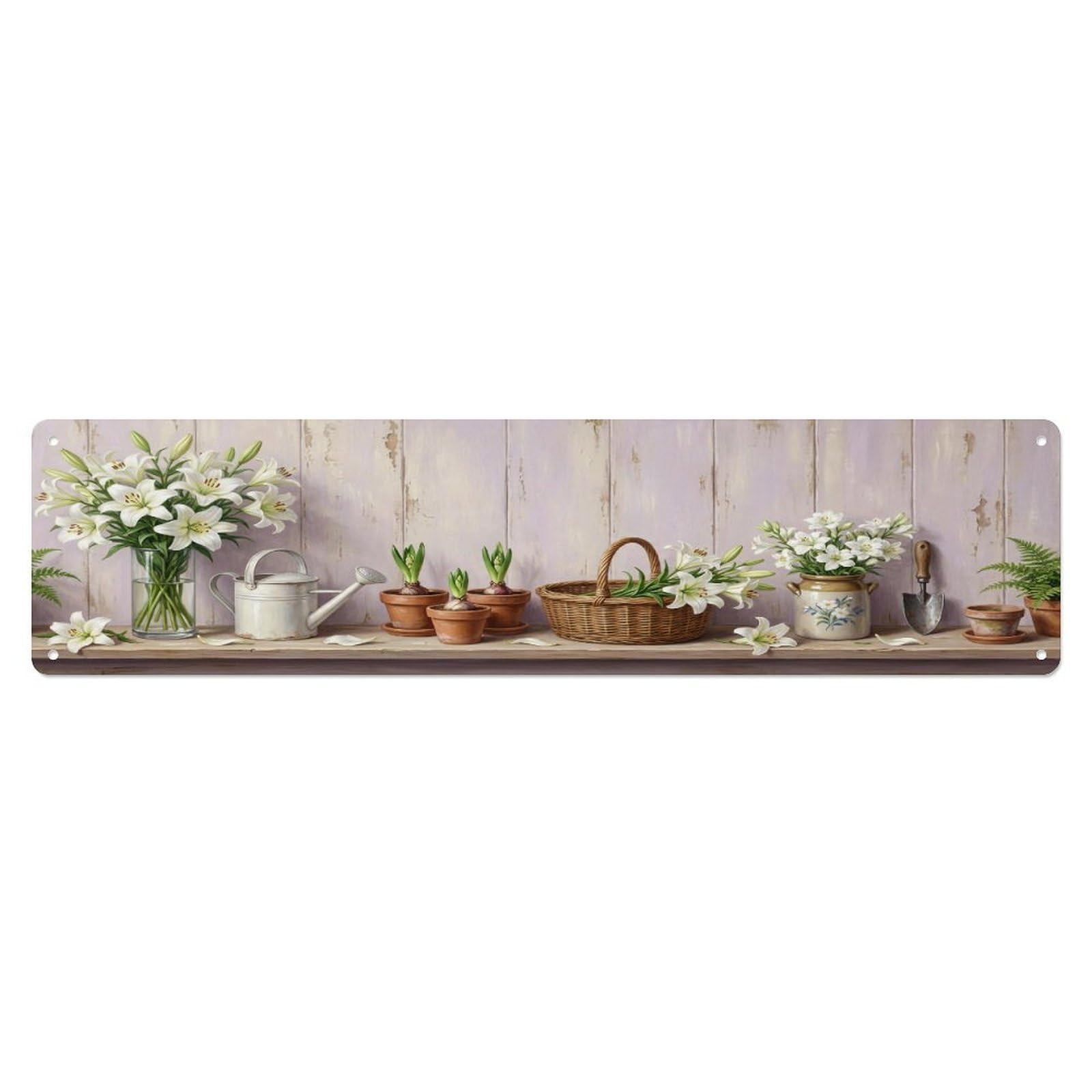 Floral Garden Tools Lily White Pattern Print Metal Tin Sign