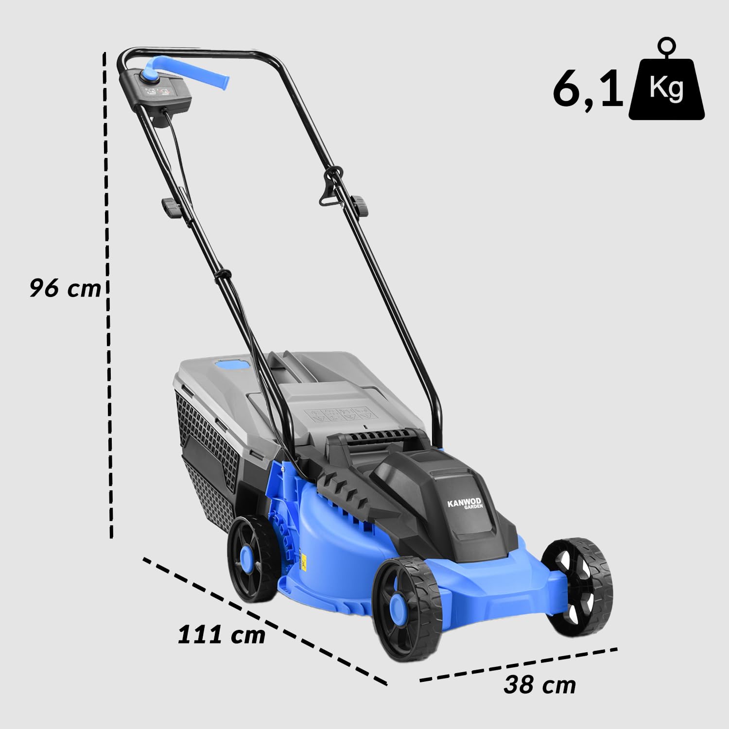 KANWOD Tondeuse à Gazon électrique 1200 W, Largeur de Coupe 34 cm, Bac Ramassage 30 L, Hauteur de Coupe Réglable sur 3 Niveaux de 30 à 70 mm, Idéal pour pelouse jusqu'à 500 m², Gris/Bleu
