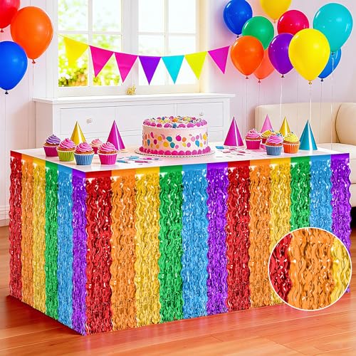2Pack Rainbow Table Skirt Tinsel Fringe for Birthday Pride Party Decor