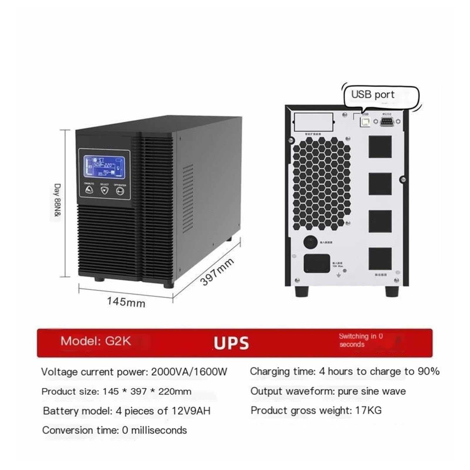 Alimentación ininterrumpida de UPS en línea, G2K-1600W UPS 2000VA