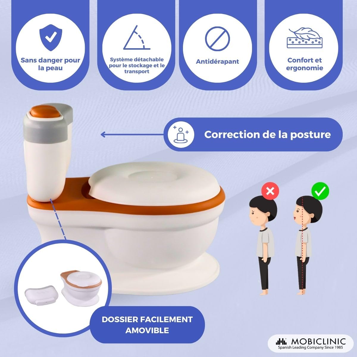 Mobiclinic® kids, Pot Bebe Toilette Musical, Toikid, 1-3 ans, Son de décharge, Avec couvercle, Compartiment papier, Fonctionne piles, Cuvette amovible, Siège imperméable (orange)