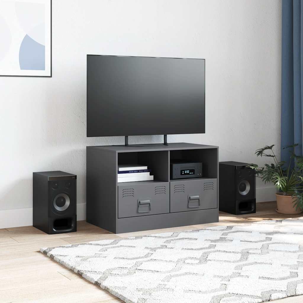 Mobile porta TV antracite in acciaio laminato a freddo, 67 x 39 x 44 cm, con 2 cassetti e ripiani, adatto per schermi da 51-76 cm, armadio da soggiorno con spazio e maniglie in metallo