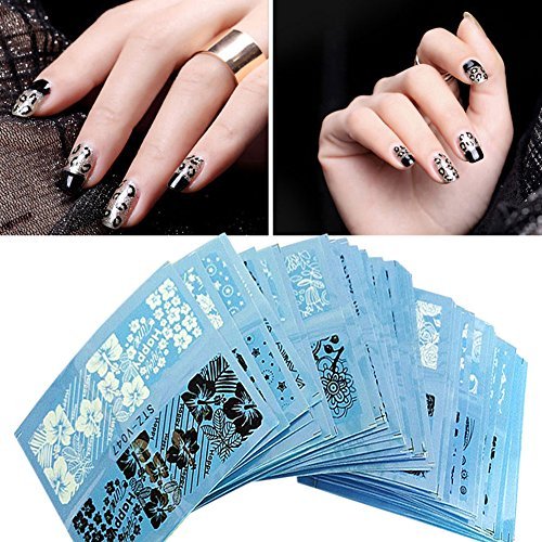 Chinatera 48 Sheets Nail Art Water Transfer Decal Lace Flower Sticker Black White Manicure