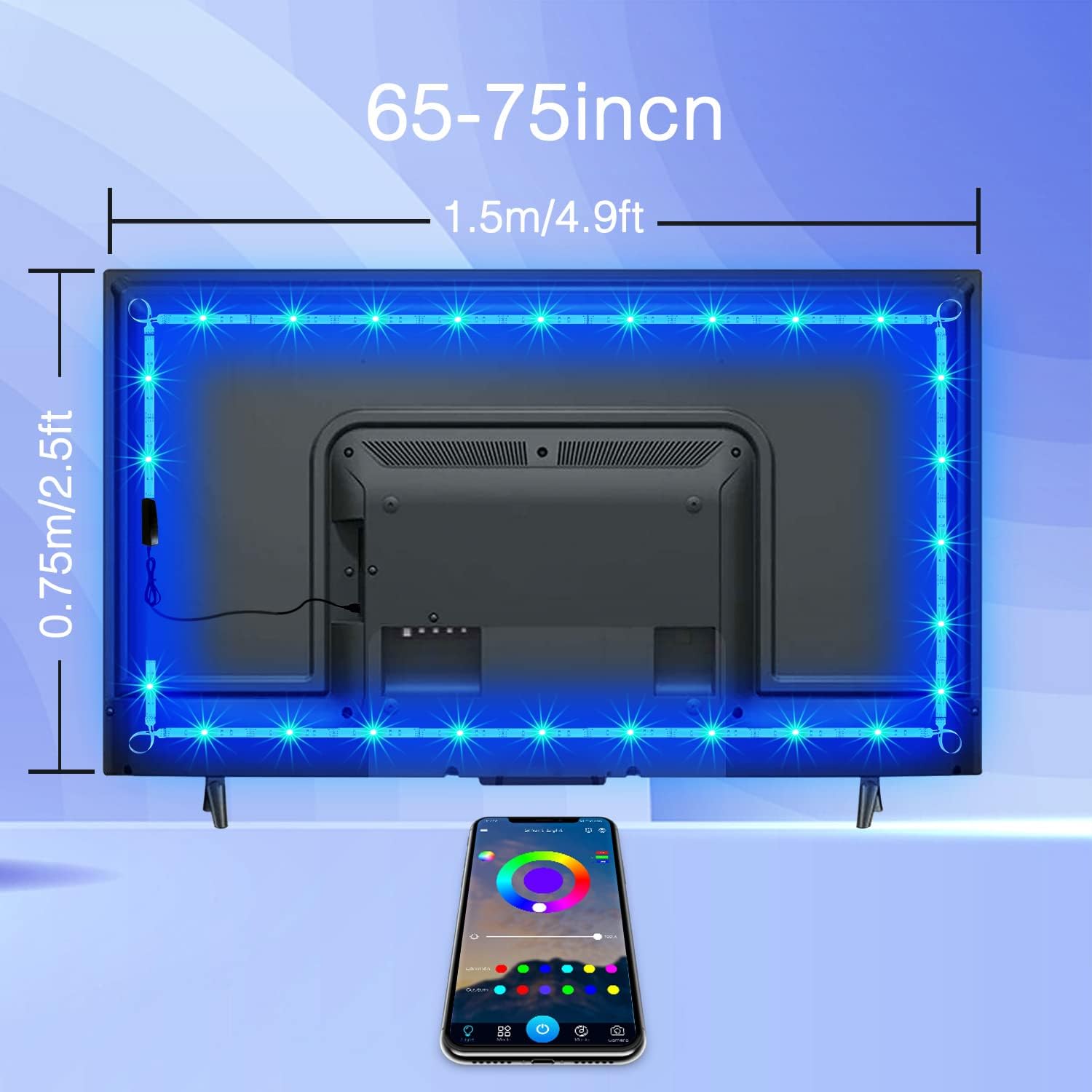phopollo LED Lights for TV, 15Ft TV LED Backlight, Bluetooth Color Changing LED Strip Lights for TV 65-75 inch, App Control, USB Powered