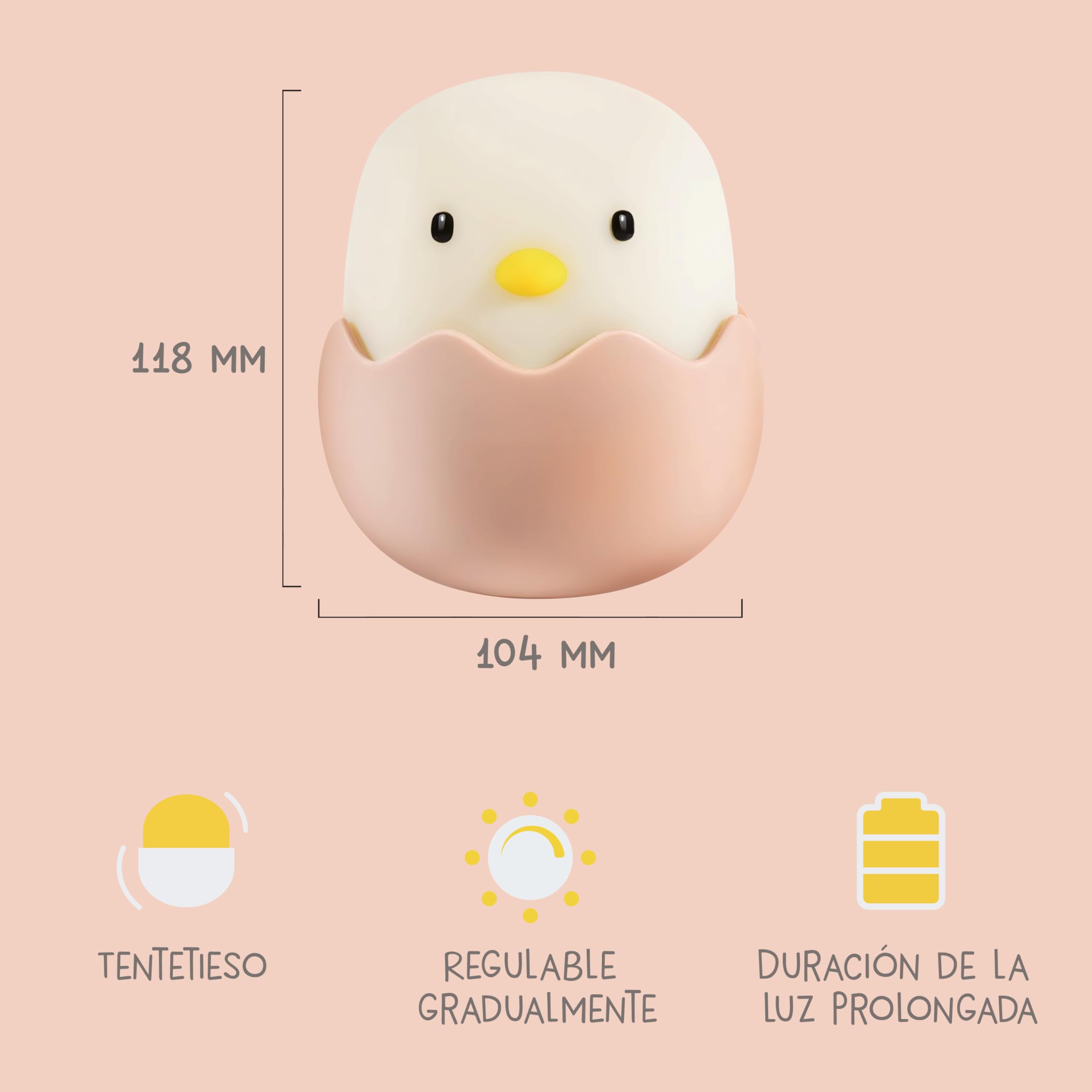 MegaLight Luz nocturna LED niños | Luz nocturna bebé sin piezas pequeñas tragables | Luz lactancia táctil regulable | Lámpara de noche carga USB | Eggy Eggy