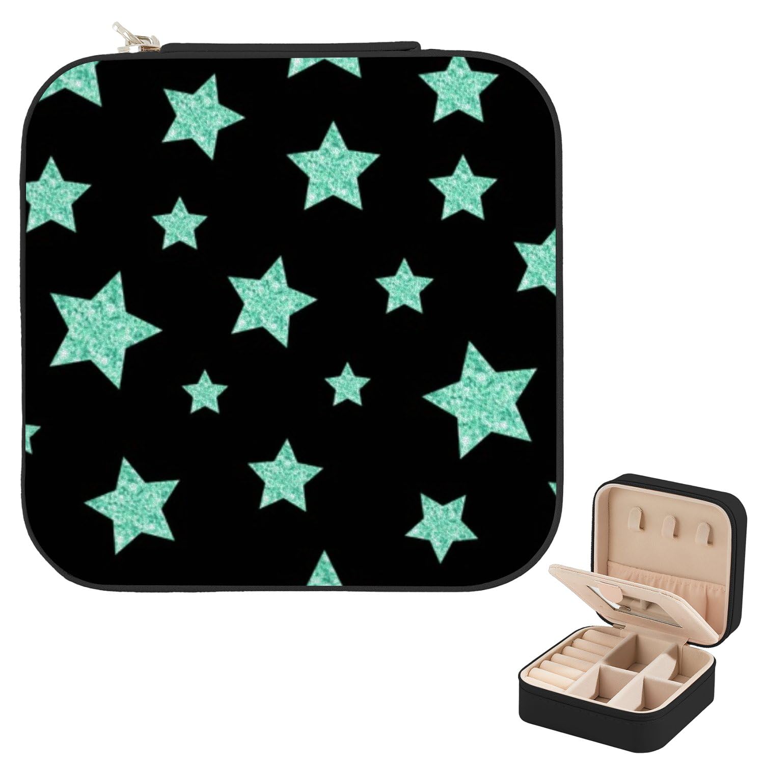 Glitter Blue Stars Jewelry Box With Mirror Earring Case Organizer Black Small Jewelry Organizer Box Square Pu Leather
