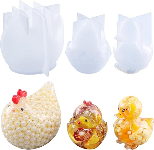 LET'S Resin 3 moldes de resina de animales, moldes grandes de resina de pollo y pato 3D de silicona, moldes epoxi flexibles y desmontables sin