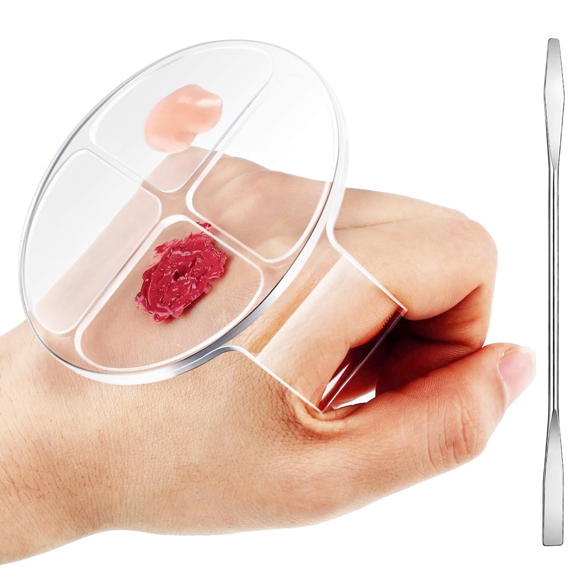 Hand Makeup Mixing Palette Set, 4-Grid Acrylic Professional Makeup Spatula, Clear Cosmetic Mixing Tray for Foundation, Eyeshadow, Nail Art, Artist Manicure Palette with Spatula