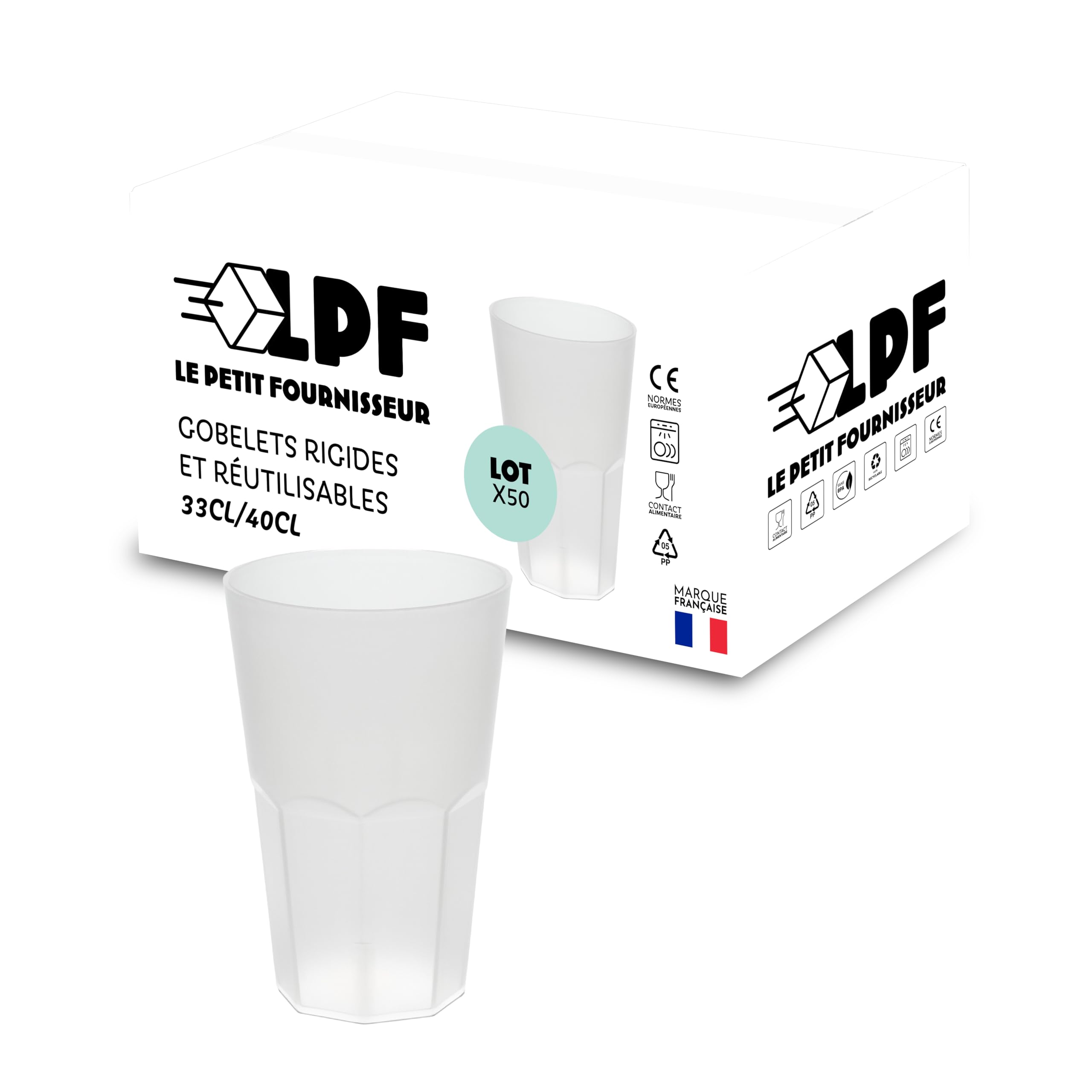 LPF LE PETIT FOURNISSEUR - Lot de 50 Gobelets à cocktail réutilisables Granity 33cl (40cl à ras-bord) - Polypropylène plastique alimentaire rigide - Verre à eau, bière, long drink - Couleur givrée