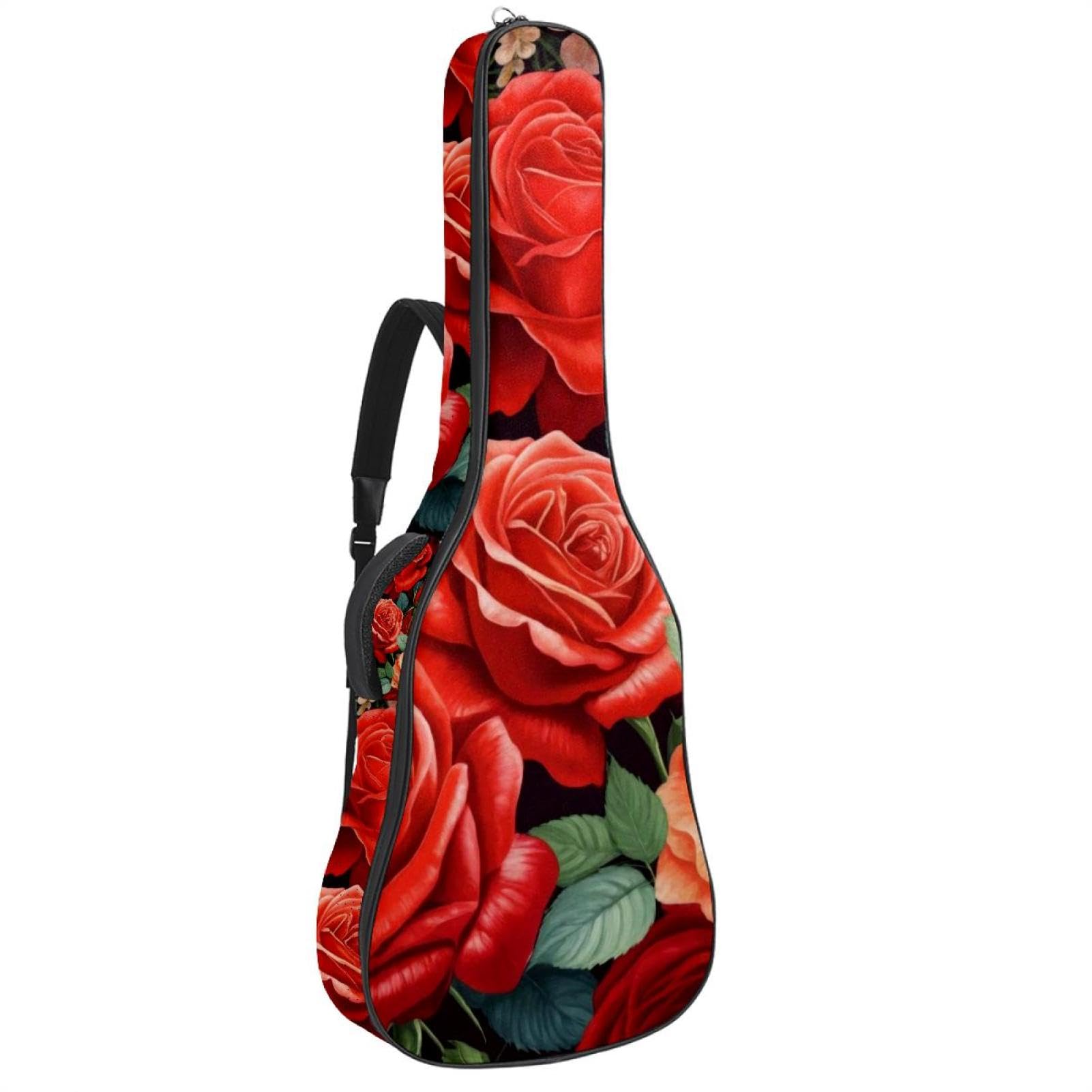 Seamless Red Rose Flowers Acoustic Guitar Bag, Guitar Case Gig Bag 40 41 42 inch with Dual Adjustable Shoulder Strap and Back Hanger Loop