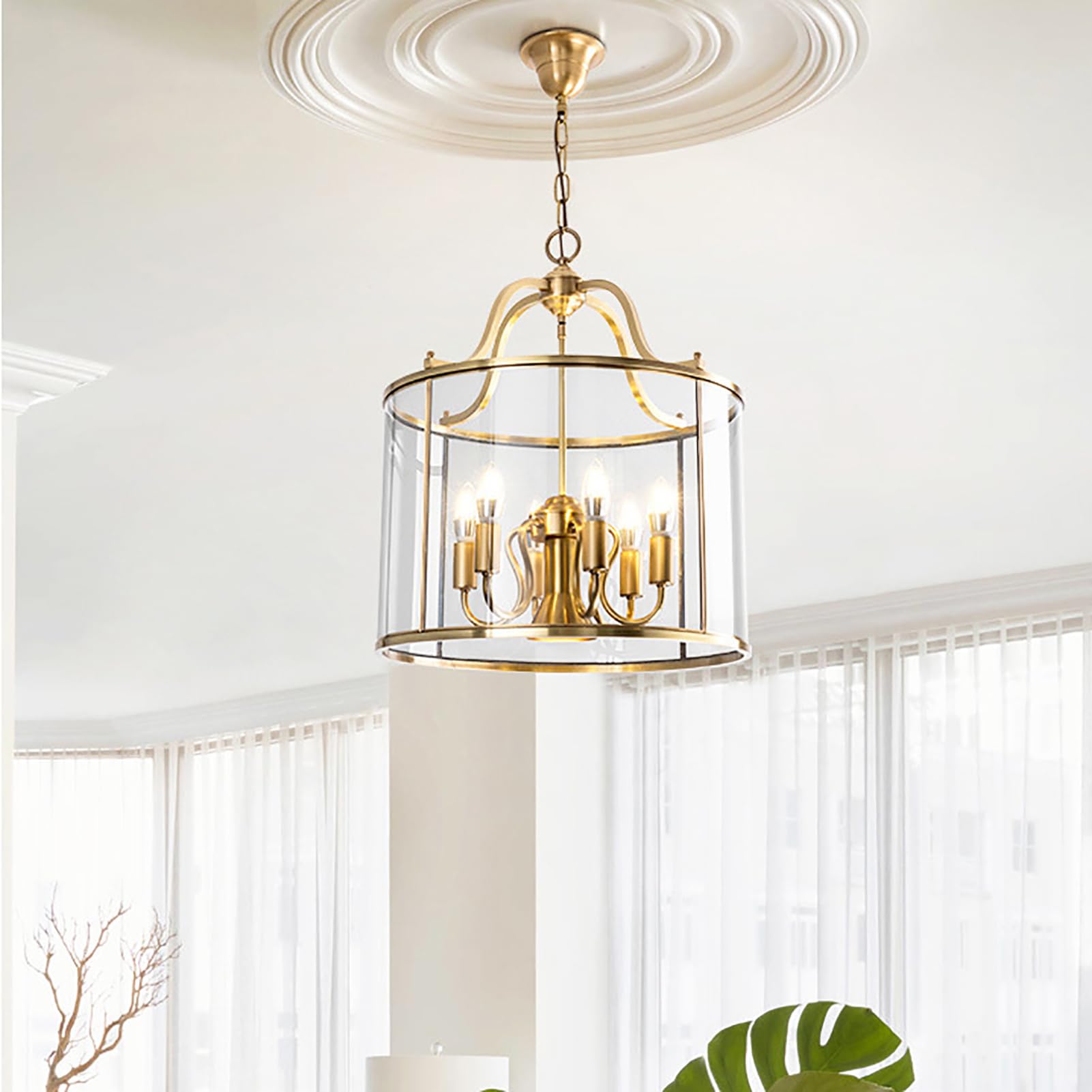 KXEcoLife Farmhouse Chandelier, Vintage Brass Pendant Light Fixture, Adjustable Hanging Lantern for Hallway and Living Room, Birdcage Design, 7 Design