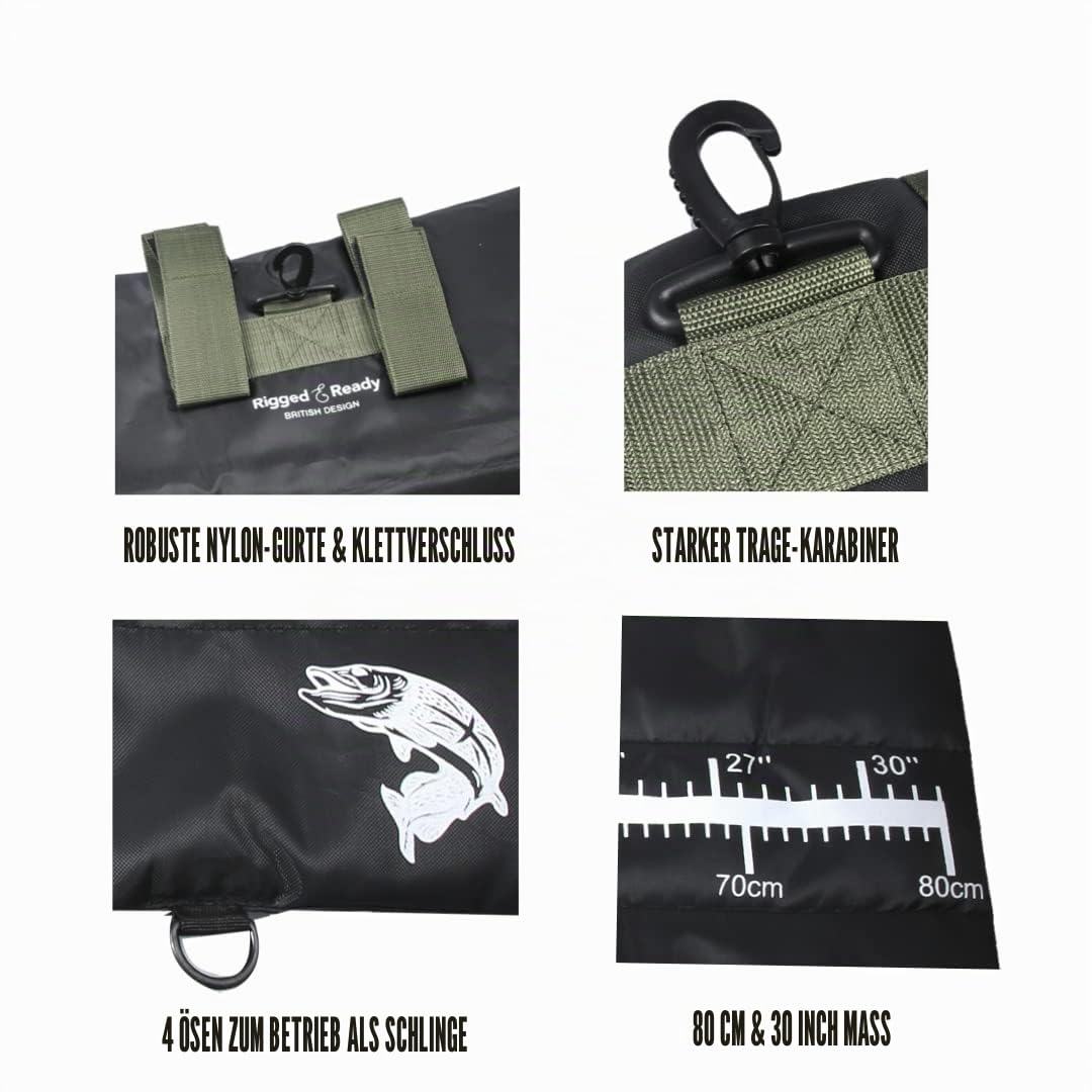 Rigged and Ready Travel Unhooking Fishing Landing Mats. 2 Sizes. with Fish Measure Guide. Very Compact, Light, Easy Carry, Fold, Roll Design + Easy Clean.. S Hook Carabiner. from 220g