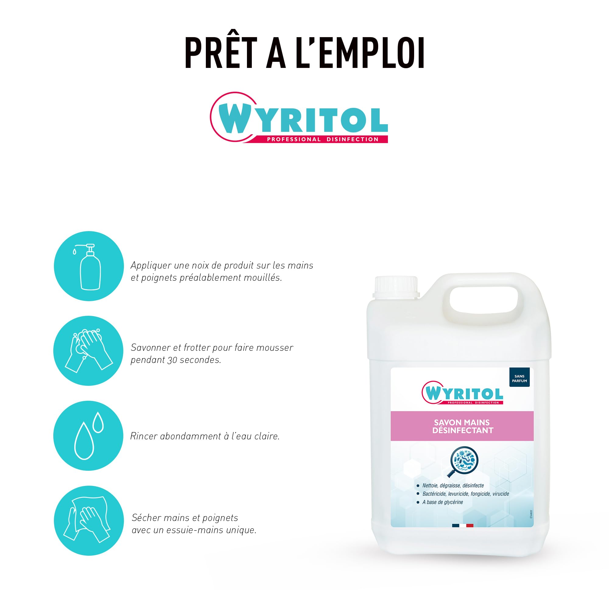 Wyritol - Savon liquide désinfectant - Nettoie, dégraisse et désinfecte - Virucide, bactéricide, levuricide, fongicide - Formule naturelle - Adoucit les mains - 5L - Fabrication française