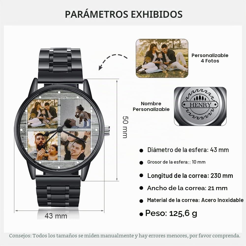lorajewel Reloj de Hombres Personalizado Nombre Fecha Foto,Cronógrafo Deportivo de Cuarzo Moda Negocio Impermeable Relojes de Pulsera Acero Inoxidable Negro para el día del Padre