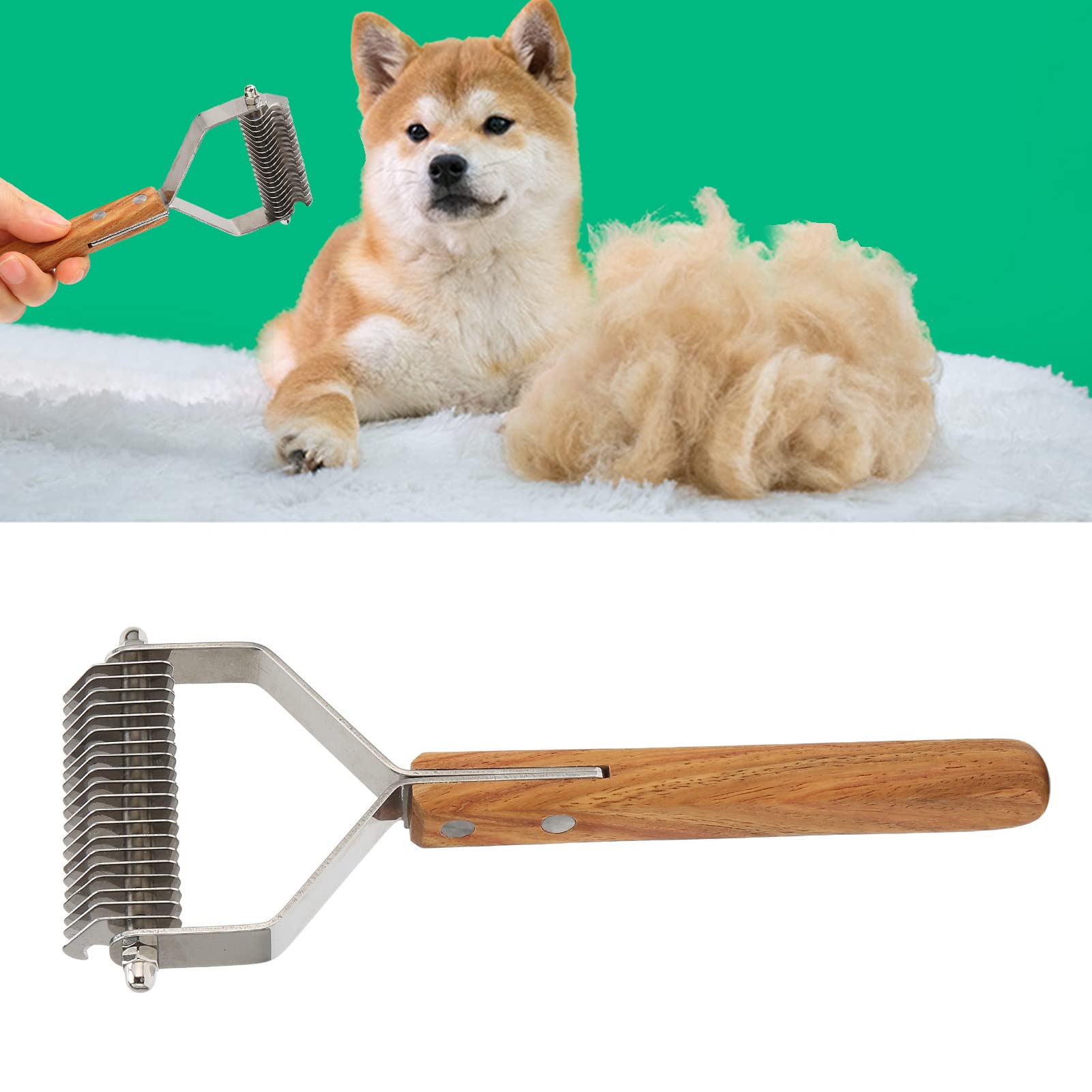 Gavigain Double Sided Pet Deshedding Rake, Stainless Steel Blades, Wooden Handle, Eliminates Knots and Mats, Promotes Skin, for Dogs and Cats