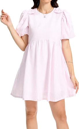 HOULENGS Womens Summer Striped Puff Sleeve Babydoll Mini Dress Casual Bow Tie A-line Short Dress with Pockets