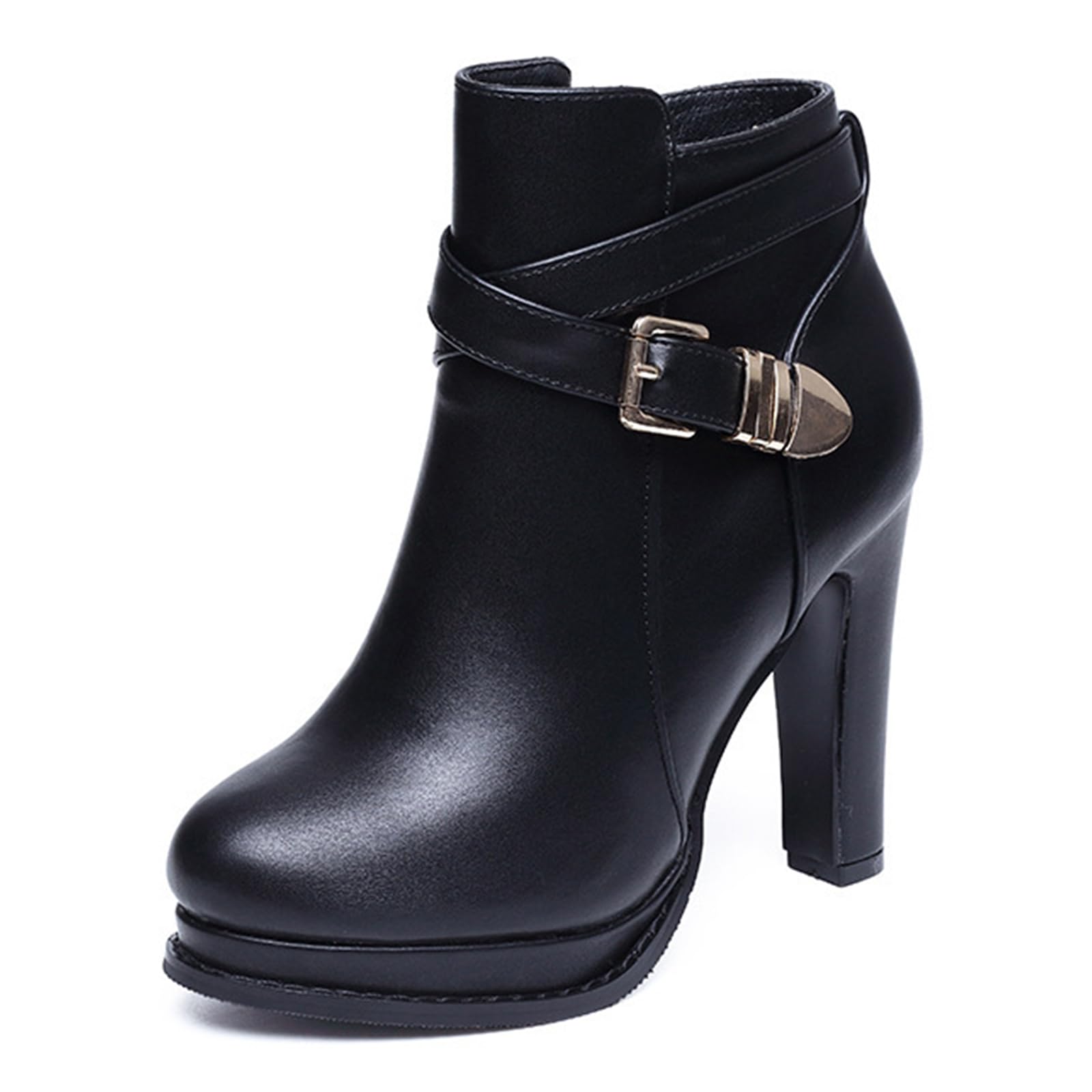 Womens Leather high heel Ankle Boots Fashion Pointed Toe Side Zipper Metal Buckle Chunky High Heel Dress Boots