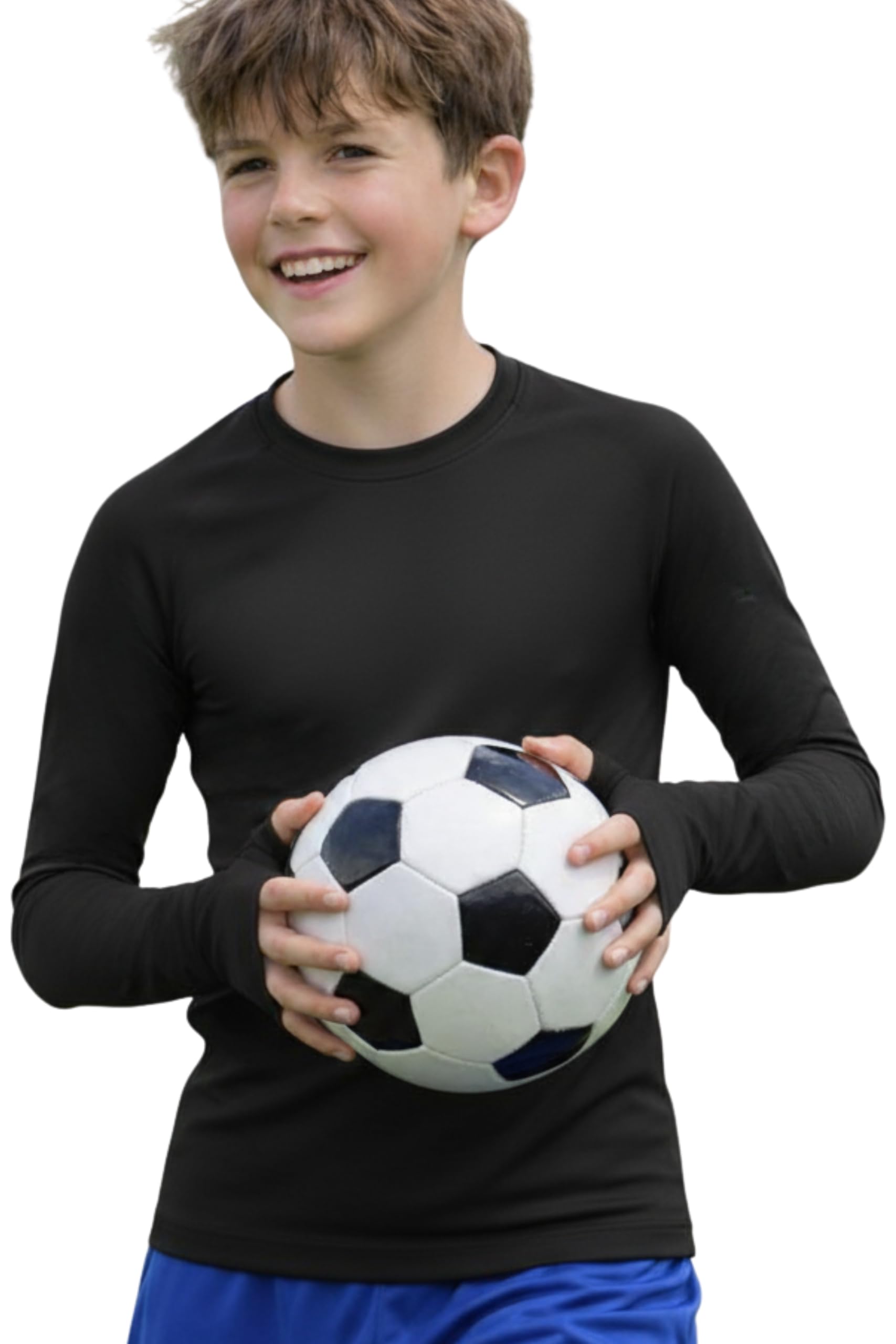 Re Tech UK - Couche de base en coton pour garçons avec trous pour les pouces - Peaux légères pour garçons - Haut thermique pour enfants - Sous-couche - Chemise à manches longues blanche ou noire