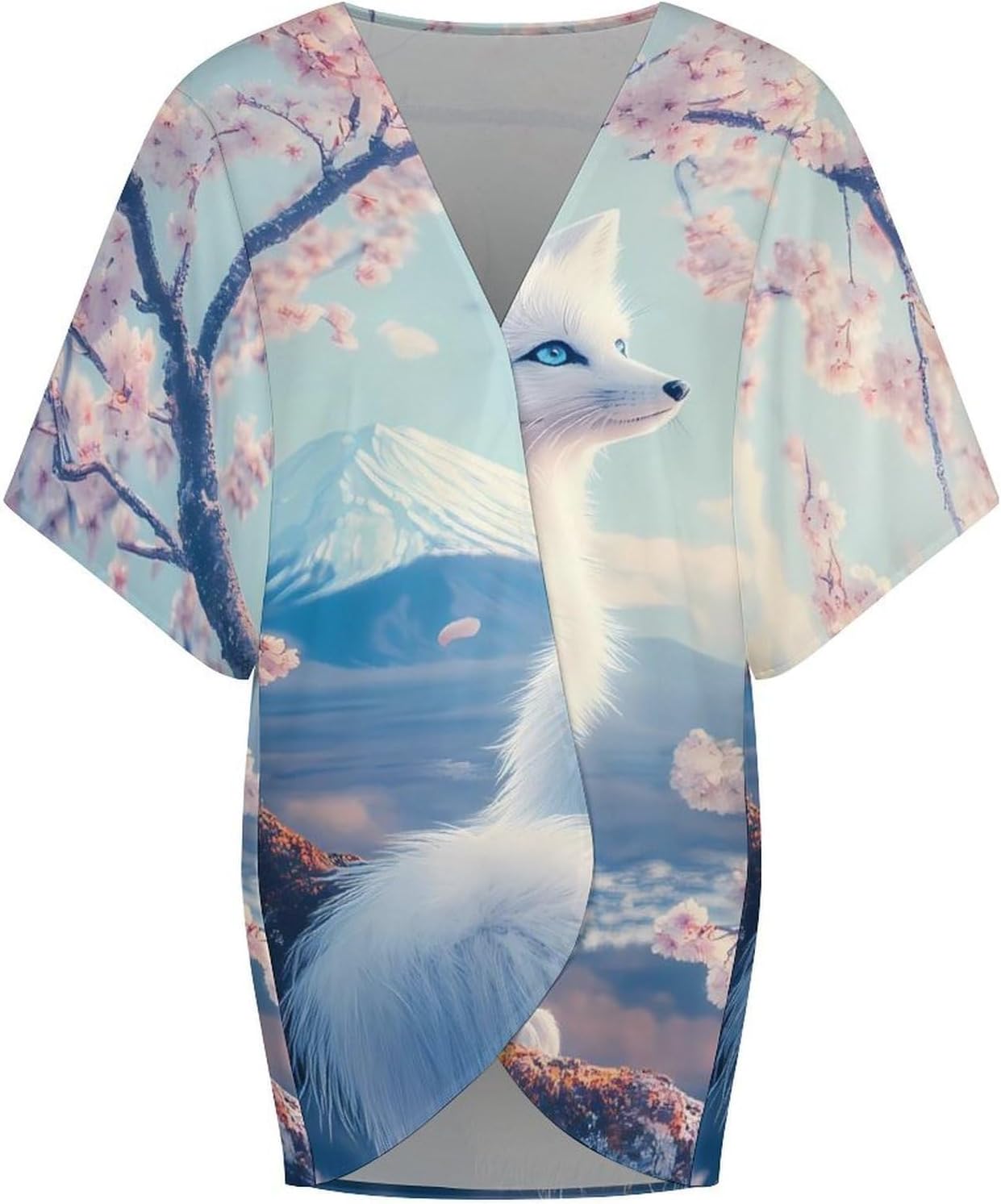 Fox Japanese Mount Fuji Women's Open Front Cardigan Short Sleeves Jacket Lightweight Sweaters Tops
