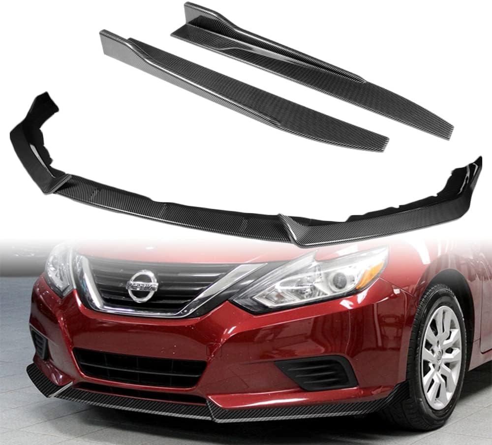 Q1-TECH, 5-Piece Front Bumper Lip + Side Skirt Rocker Winglet Canard Diffuser Wing Compatible with 2016 2017 2018 Nissan Altima Sedan/4DR, Front Lip Air Chin Spoiler Splitter ABS (Painted Carbon)