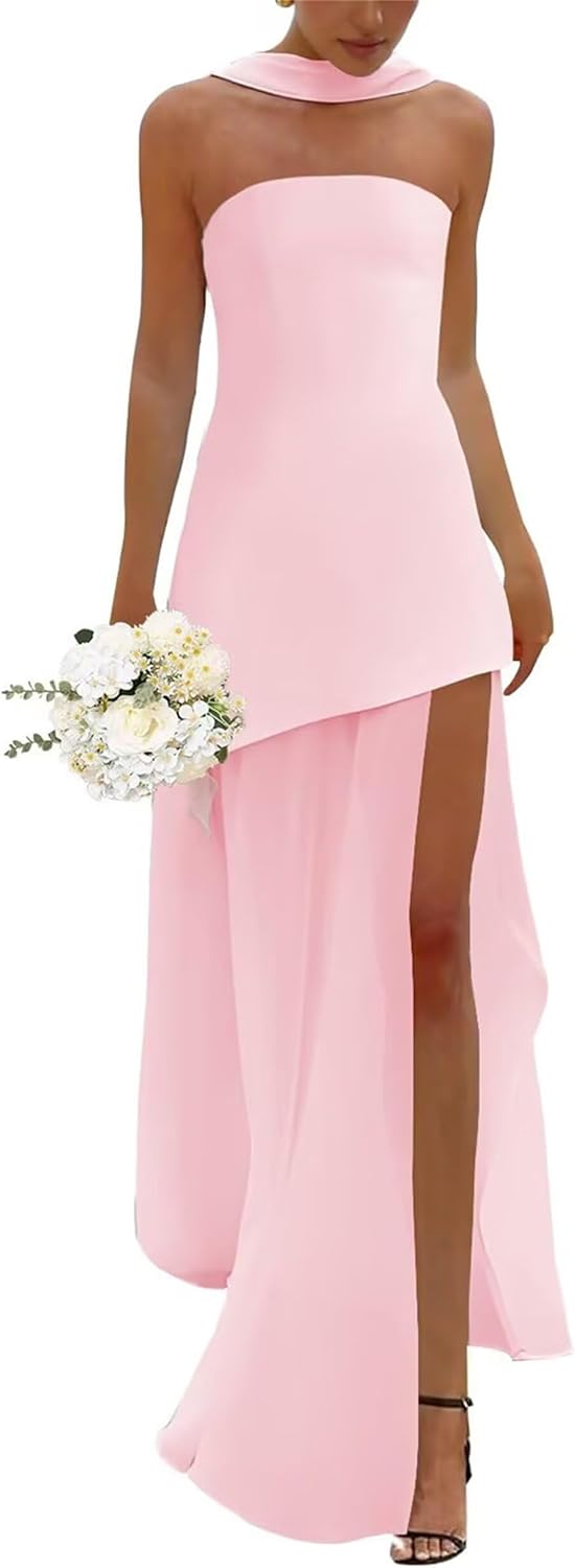 Chiffon Strapless Bridesmaid Dresses for Women Satin High Slit Formal Evening Dress with Scarf