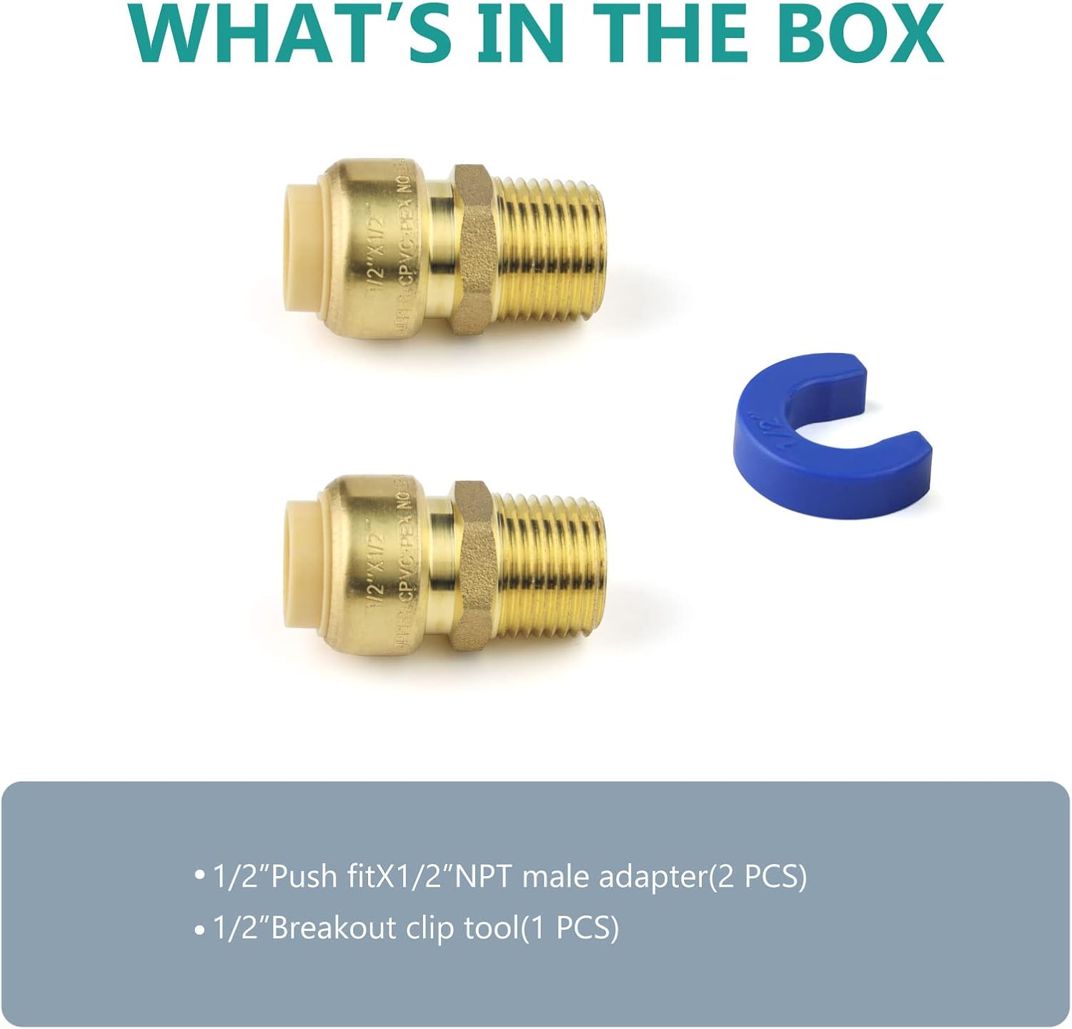 Aolemi Male Connector 1/2 Inch by 1/2 Inch Push Fit PEX Fittings 2 Pack with Disconnect Clip, Push-to-Connect PEX