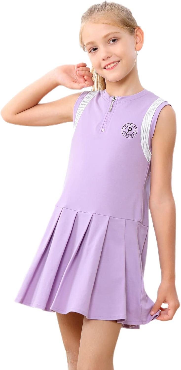 EXARUS Girls Tennis Dress with Shorts Golf Sleeveless Outfit School Sports Pleated Dresses with Pockets