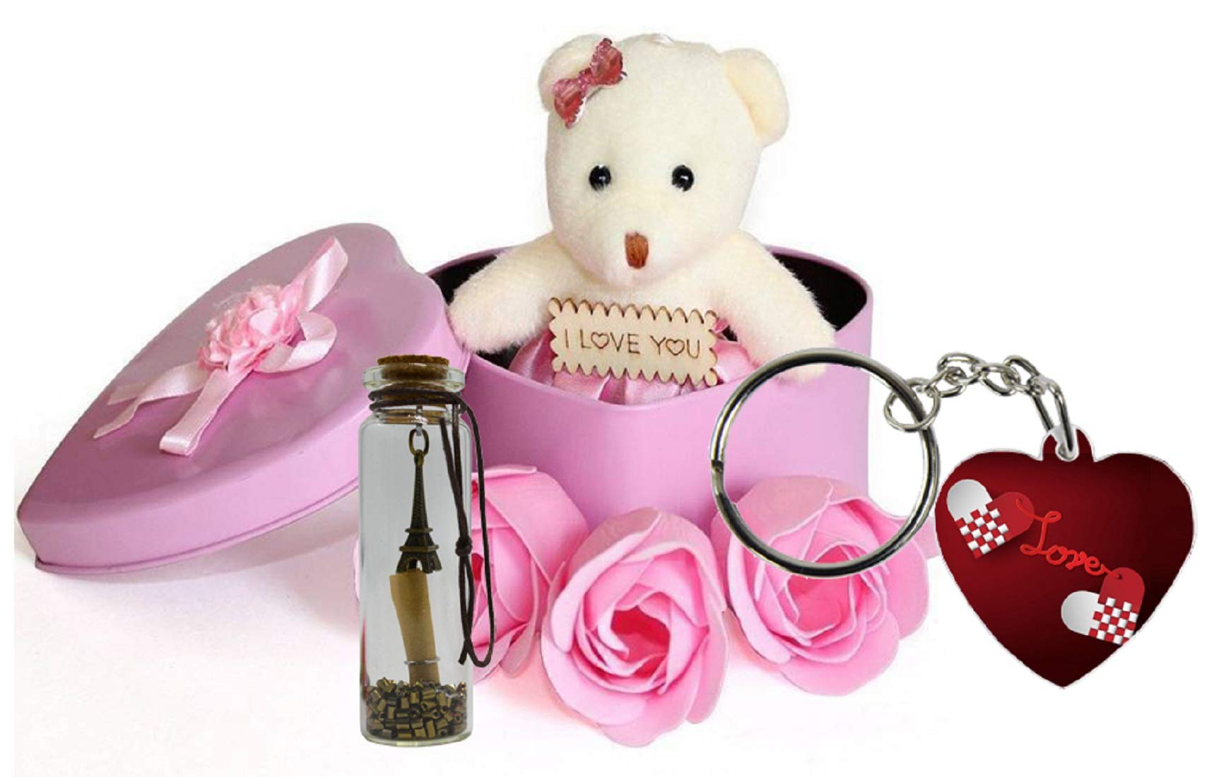 ME & YOU Surprise Tin Box with 1 Teddy, 3 Rose, 1 Message Bottle, 1 Keychain