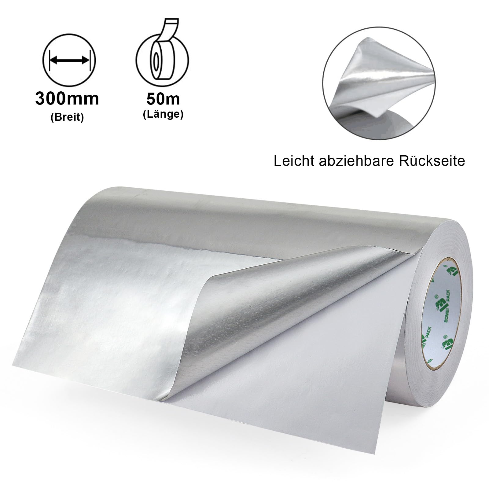 BOMEI PACK Aluminium Klebeban 300mm x 50 m, selbstklebendes Alu-Klebeband-Aluband, Wasserdichtes- und hitzebeständiges Band zum Versiegeln, Reparieren und Isolieren