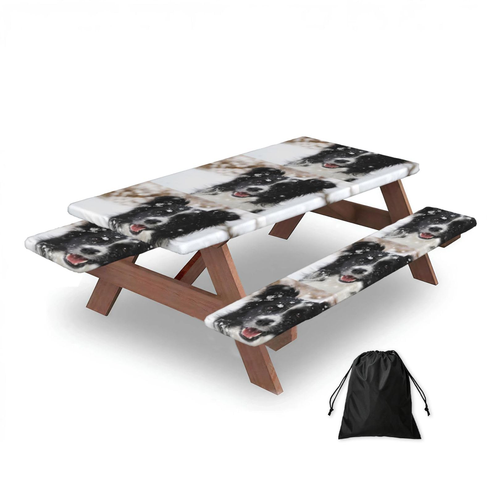 Dopklna As Picture Border Collie Snow Dog, Picnic Table Cover With Bench Covers -Waterproof Elastic Fitted Tablecloth For Garden Camping Patio 76X152cm