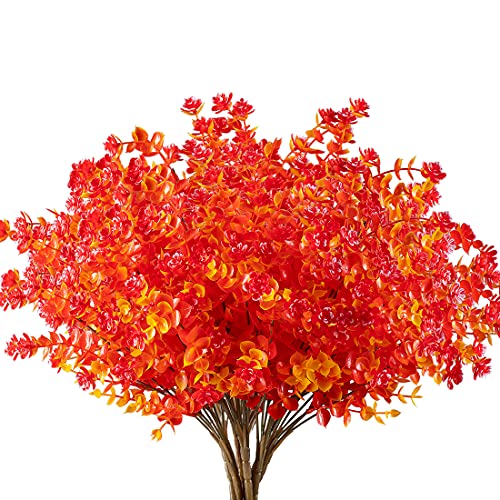 URSTOUD 6PCS Artificial Eucalyptus Plants,Fake Boxwood Shrubs UV Resistant No Fade Faux Plastic Greenery for Wedding Bridal Bouquet Indoor Outdoor Home Garden Kitchen Office Table Vase(Fall Red)