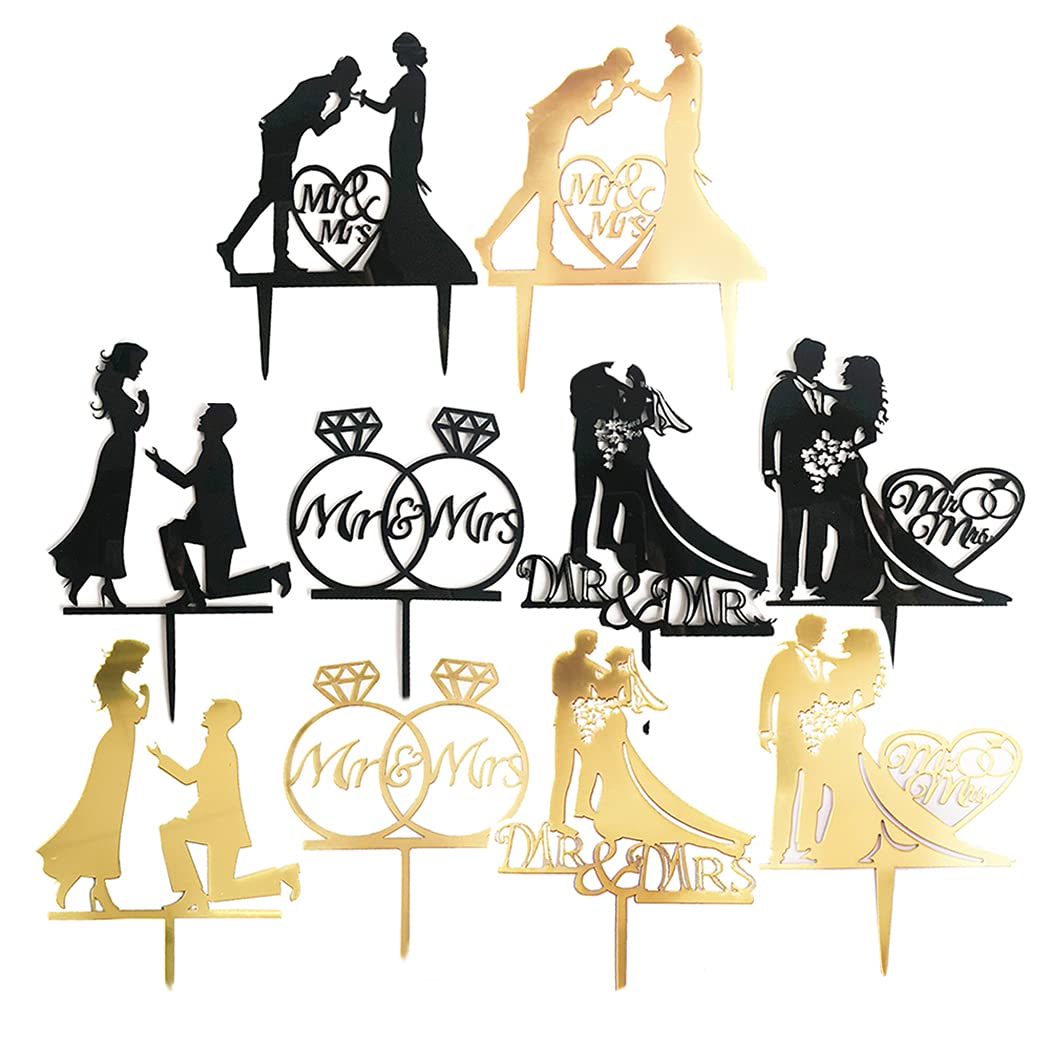 10PCS MR and MRS Cake Topper Acrylic Cupcake Topper Durable Versatile Cake Decorations Photo Booth Props for Wedding Engagement Bridal Party Anniversary Celebration– Gold and Black