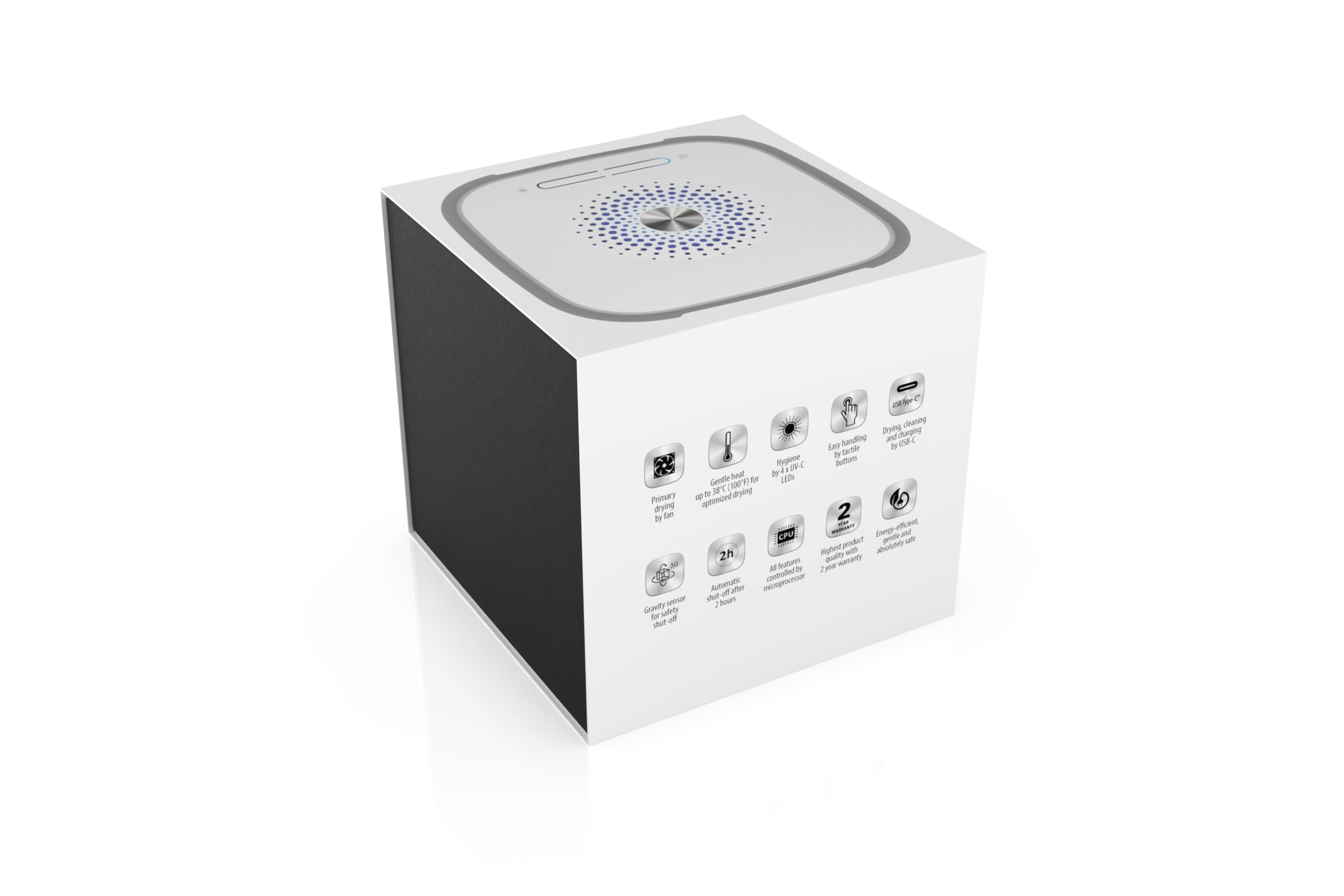 flow-med dry-cap UV 1.2 - Deumidificatore Apparecchi Acustici - Ricarica, Pulizia e Asciugatura Simultanee - Per ogni Apparecchio Acustico - Dispositivo Medico - 4 LED UV-C - Ventola e Calore - USB-C