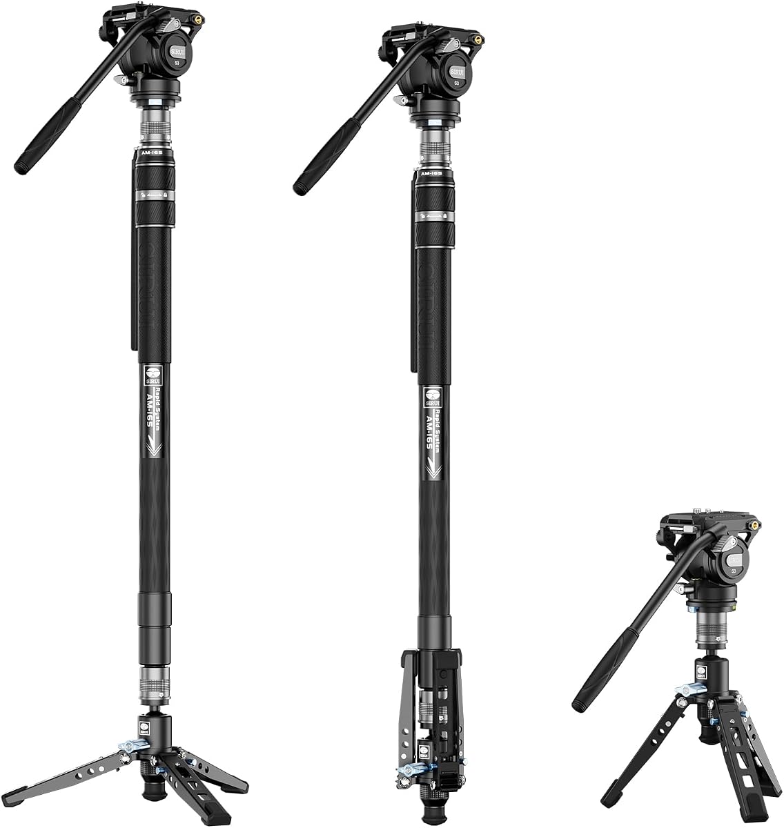 AM-165+S3 Kit de monopié de vídeo 3 en 1 de fibra de carbono, cabezal fluido S3 | 68.9" de altura, carga de 13 lb, compatible con DJI RS, placa MFT 501, bloqueo con un botón, se convierte en trípode
