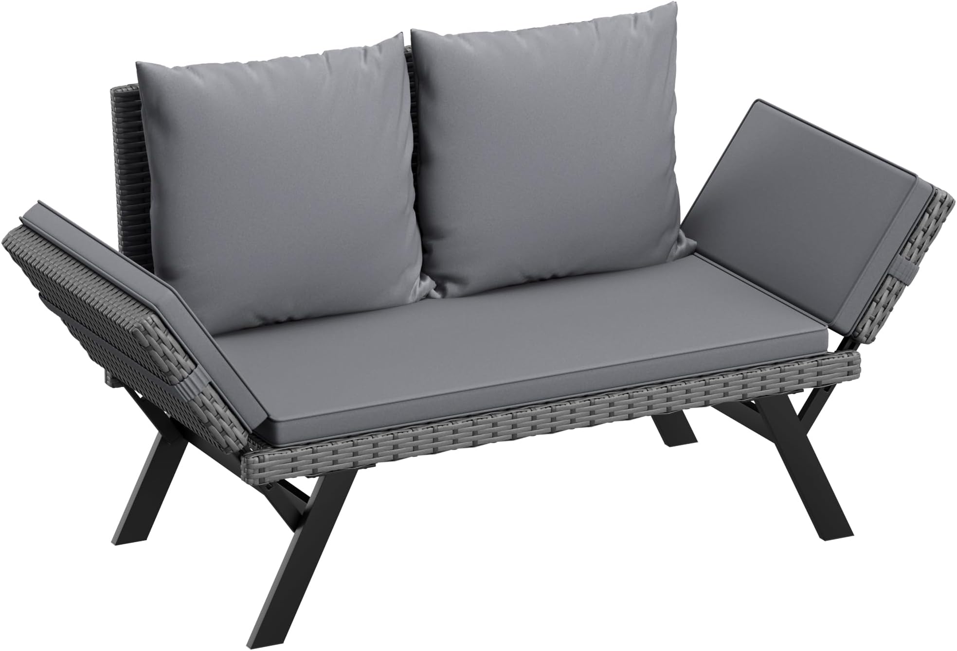 Flamaker Patio Furniture Rattan Convertible Sofa with Adjustable Arms Grey | Outdoor Furniture Wicker Sunbed Removable Cushions and Pillows for Patio, Porch, Pool (Grey Lounger & Grey Pillowcase)