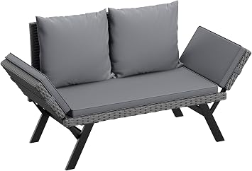 Flamaker Outdoor Convertible Sofa, Woven Rattan Patio Furniture Sunbed with Adjustable Armrests, Removable Cushions and Pillows for Patio, Porch, Pool Grey Lounger & Grey Pillowcase