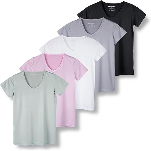 Real Essentials 5 Pack Women’s Short Sleeve V-Neck Workout T-Shirts – Athletic Gym Fitness Pilates Plus Size Active Tees