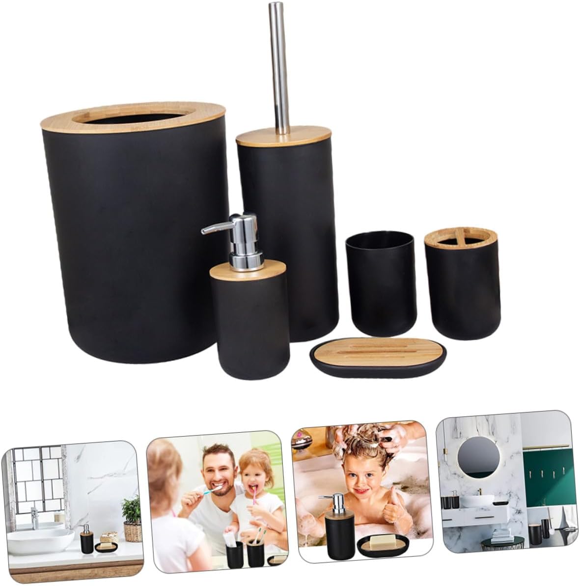 Bathroom Accessories Black Includes Trash Can Toothbrush Holder Soap Dish Lotion Dispenser Toilet Brush Mouthwash Cup Bathroom Washing Supplies Organizer