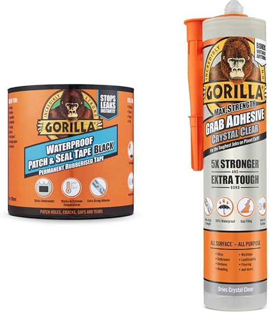 Gorilla Waterproof Patch & Seal Tape Black 3m and 2044400 Heavy Duty Grab Adhesive Crystal Clear 270ml