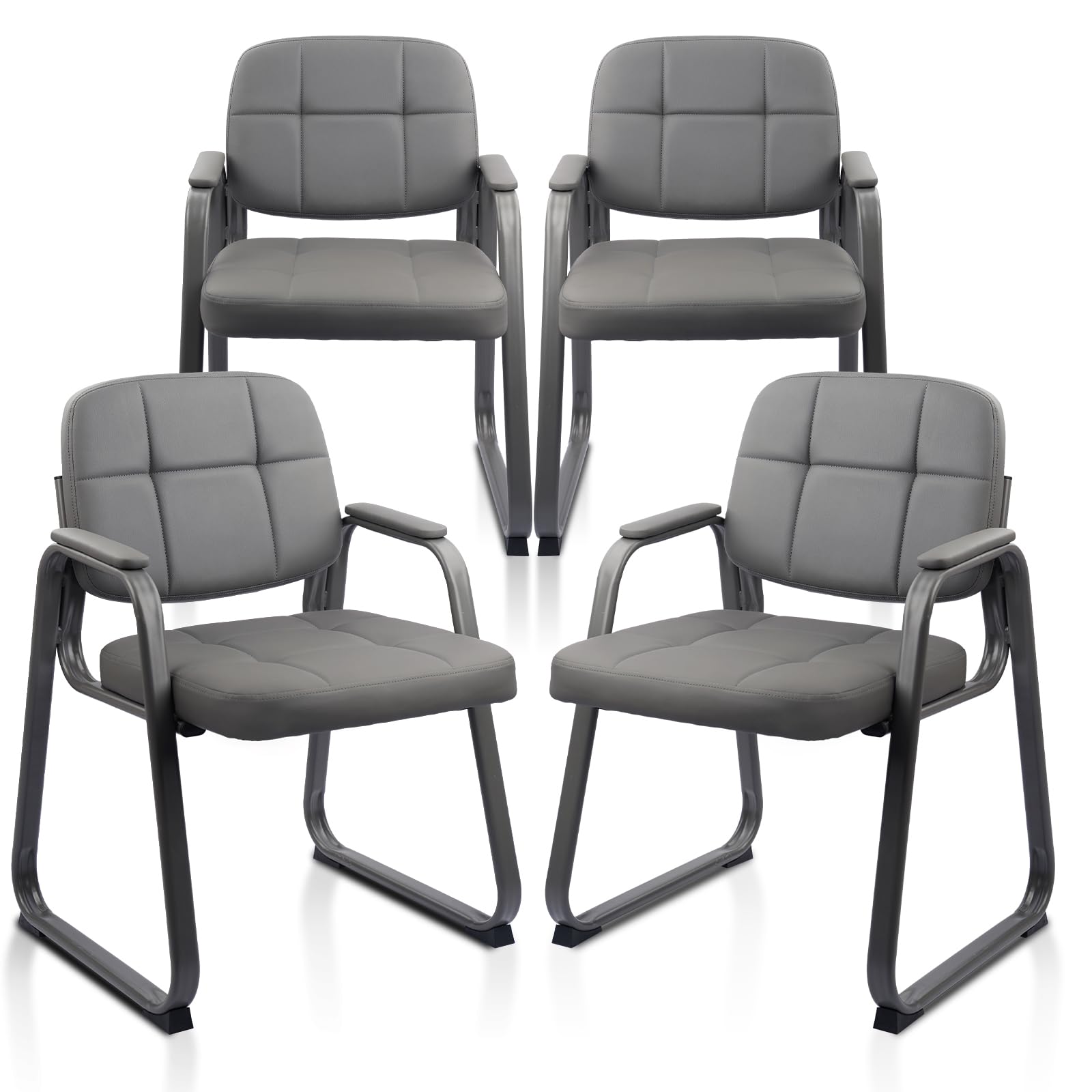 CLATINA Waiting Room Guest Chair with Bonded Leather Padded Arm Rest for Office Reception and Conference Desk Black with Sled Base Grey 4 Pack